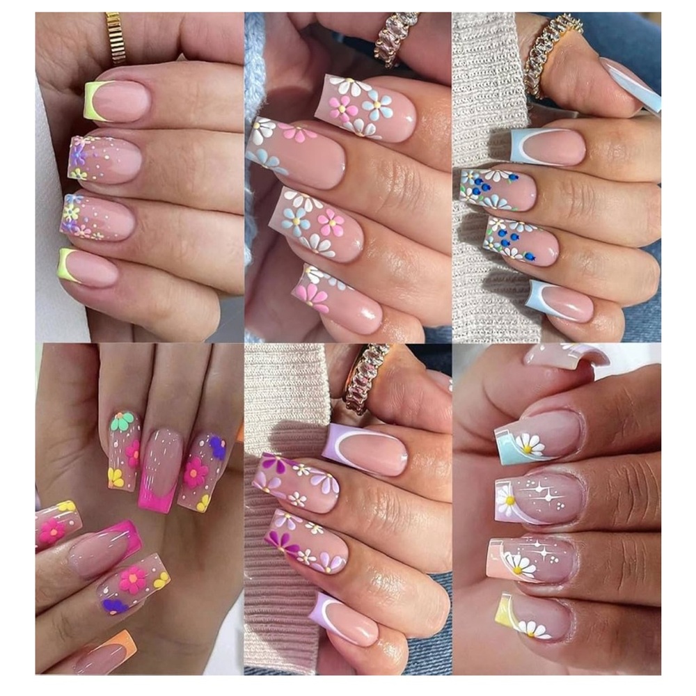 6-Pack Square Press-On Nails: 12 Sets (144 Pcs) Fake Nails w/ Flower Des…